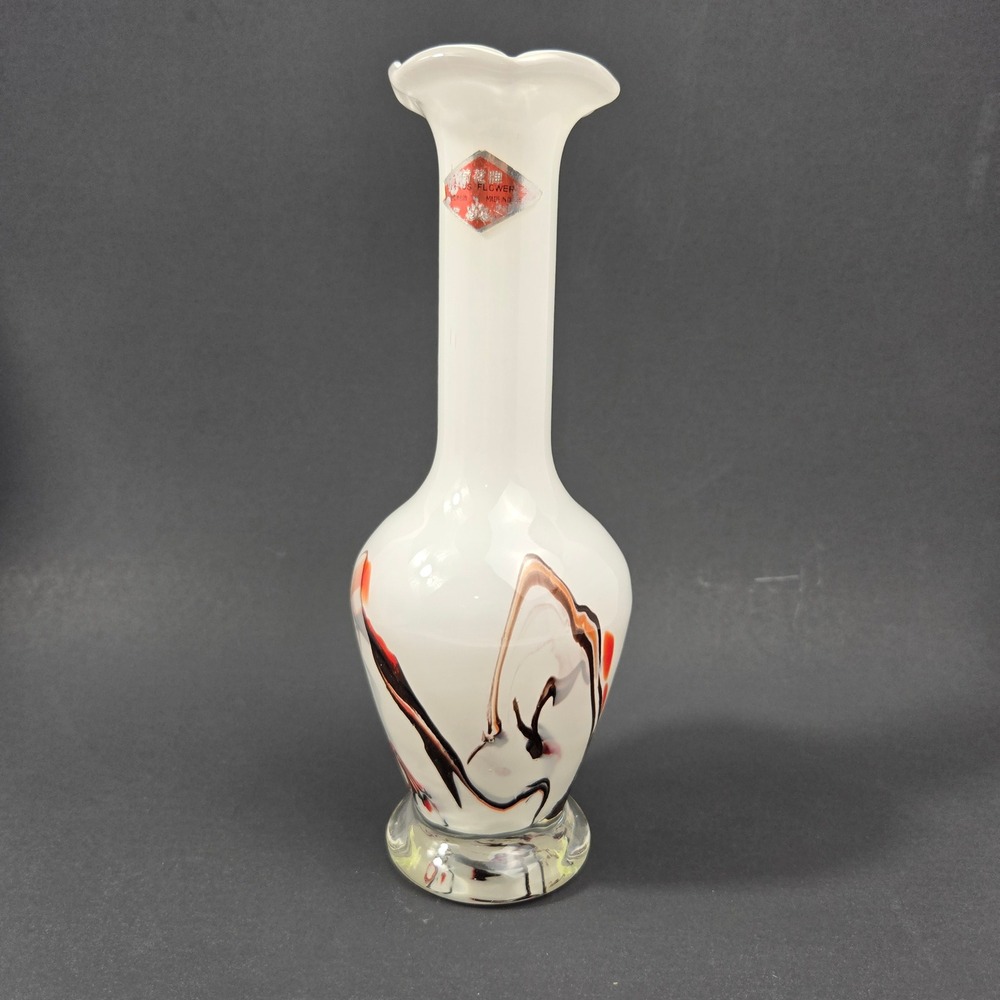 Vintage Milk Glass Art Vase Ruffled Rim Lotus Flower Swirl Hand Blown Studio